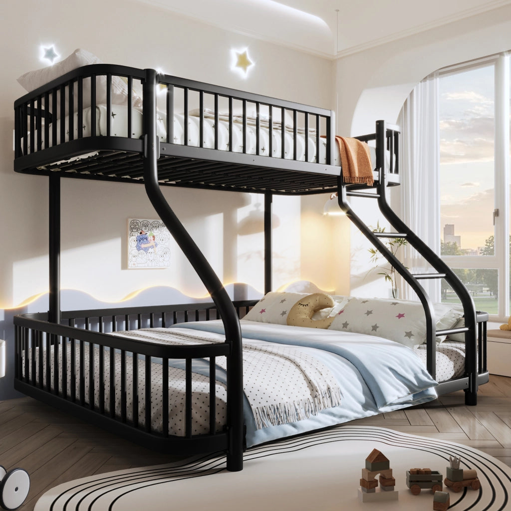 Letto a castello per bambini 90x200 + 140x200 cm; in metallo con barriere di sicurezza e scala; letto familiare; nero