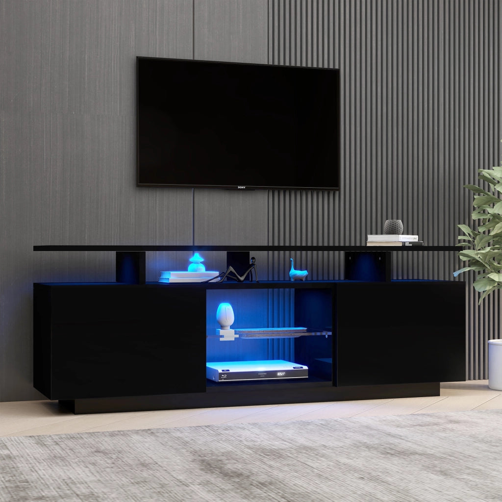 Mobile TV con 2 Ante e 5 Vani e LED Controllato da App; Frontali Lucidi; 140¡Á35¡Á55 cm; in Pannello; Nero