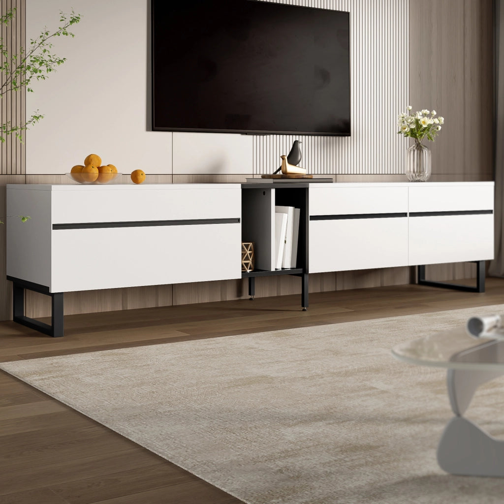 Mobile TV 180x38x45 cm con vano a ribalta; vano aperto e 2 ante in truciolare bianco