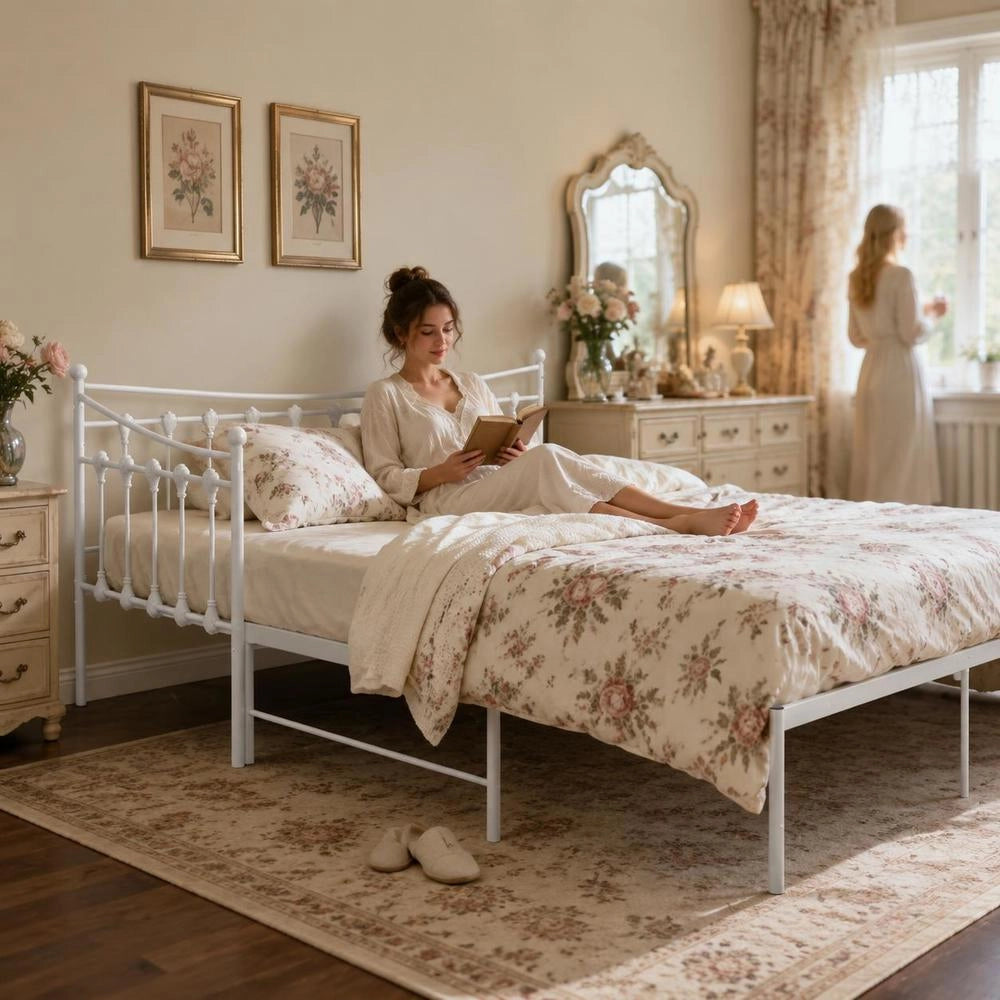 Pull-out Sofa Bed Frame White Metal 90x200 Cm