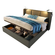 Letto Contenitore 160 x 200 cm; Letto Matrimoniale con Lampada da Lettura; USB e Vano; senza Materasso; PU Grigio