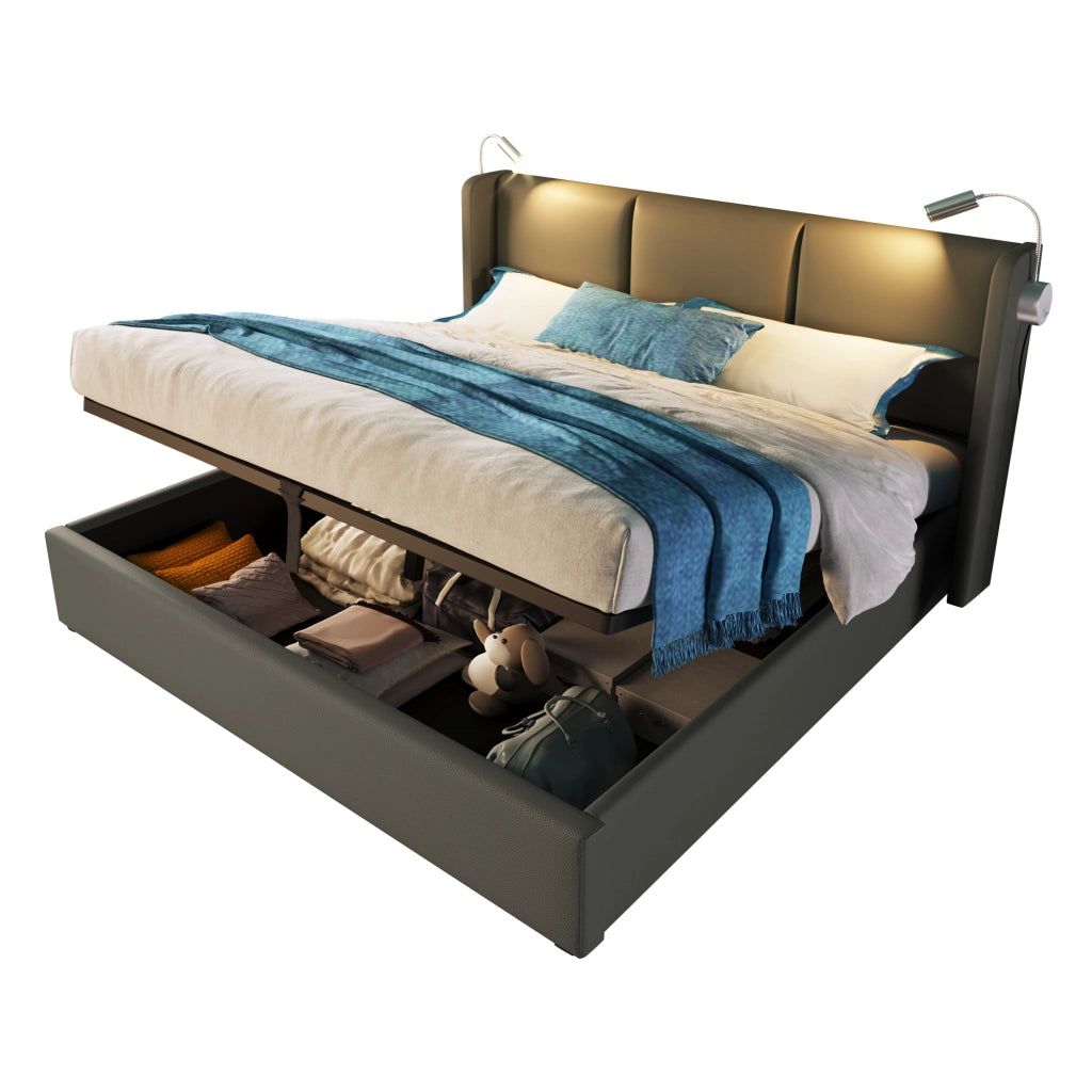 Letto Contenitore 160 x 200 cm; Letto Matrimoniale con Lampada da Lettura; USB e Vano; senza Materasso; PU Grigio