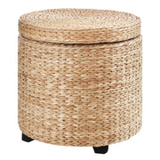 Pouf/sgabello contenitore con vano portaoggetti e coperchio removibile, in paglia e rattan, color kaki, ?43x43cm