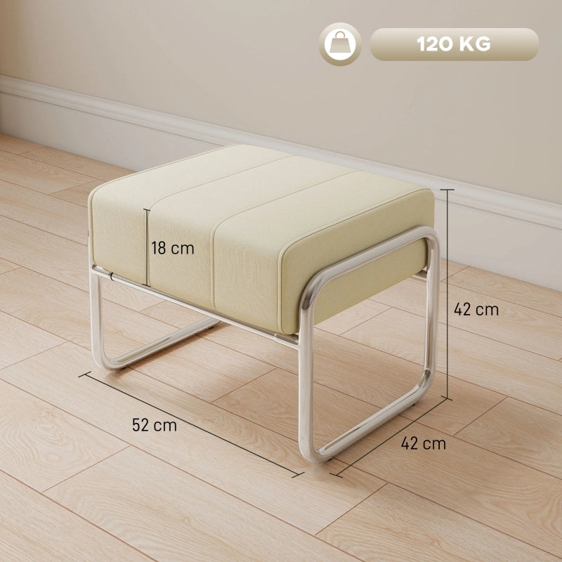 Pouf poggiapiedi imbottito in tessuto Chenille beige con struttura in acciaio, 49×43×28 cm