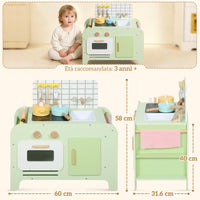 Set Cucina Giocattolo per Bambini da 3+ Anni con 15 Accessori in Legno Verde