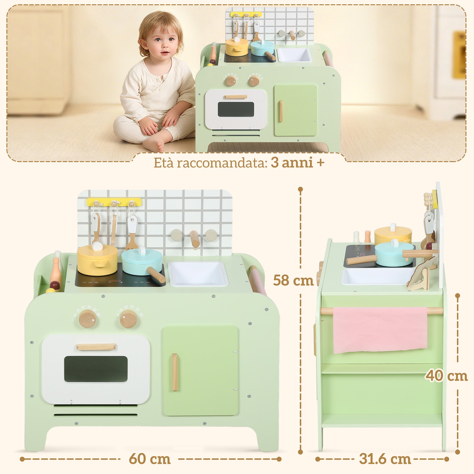 Set Cucina Giocattolo per Bambini da 3+ Anni con 15 Accessori in Legno Verde