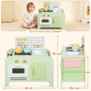 Set Cucina Giocattolo per Bambini da 3+ Anni con 15 Accessori in Legno Verde