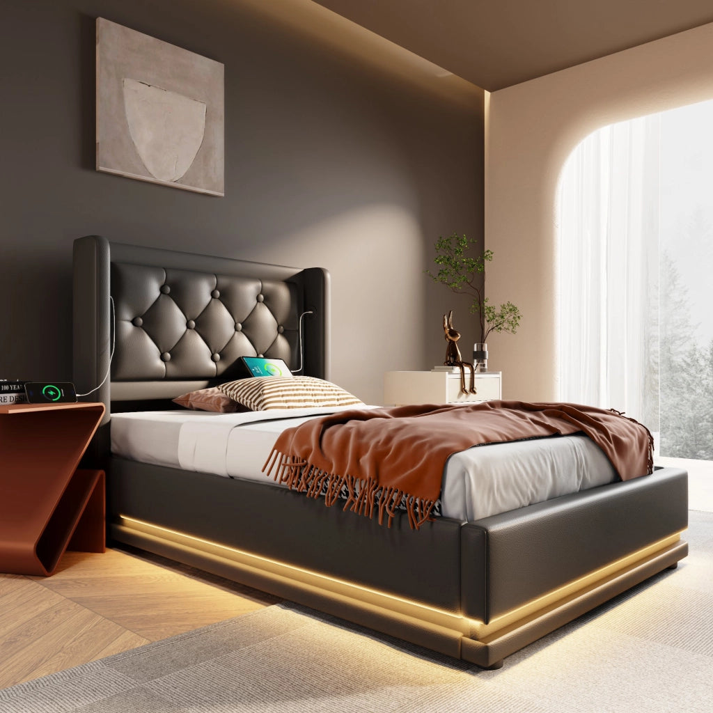 OKWISH Letto Contenitore 90×200 cm, Letto Singolo con Contenitore, USB, Tipo C e LED Regolabile, senza Materasso, in PU, Nero