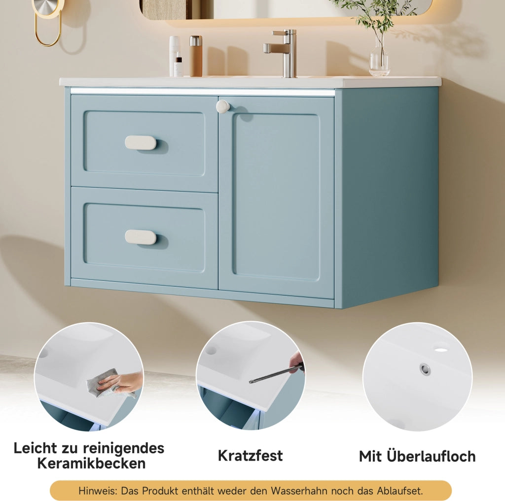 Mobile lavabo sospeso con lavabo in ceramica e luce LED con sensore radar blu 76x46x51 cm