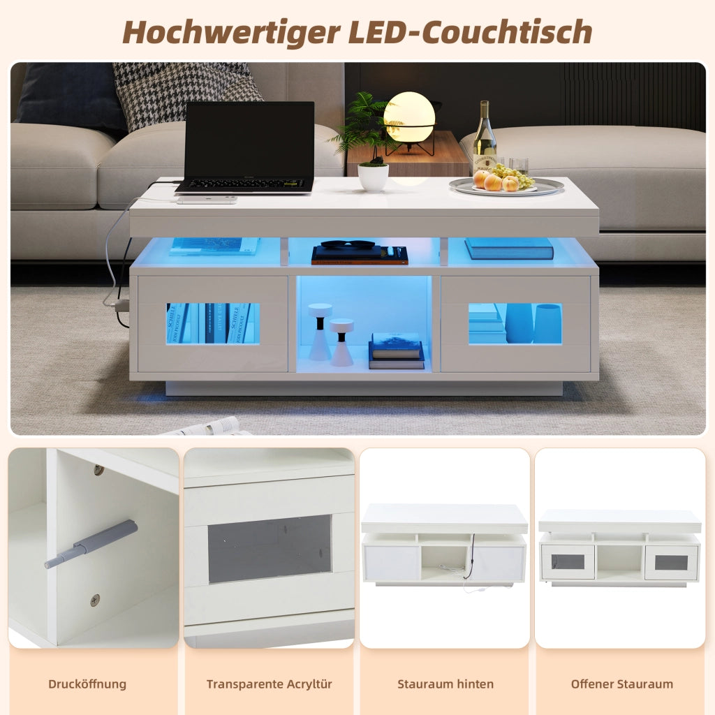 Tavolino da caffè con LED e presa USB 2 ante 2 vani portaoggetti per ufficio e soggiorno 100 × 50 × 43 cm