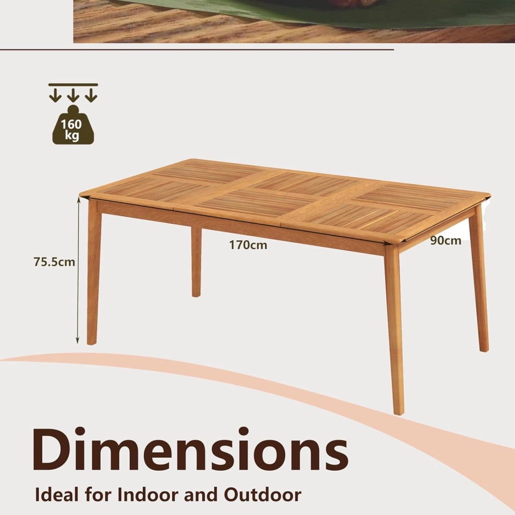 Tavolo in legno per esterni, 100/170/200 cm, tavolo da giardino in legno di acacia con foro di 5 cm, per cortile, veranda e giardino, resistente alle intemperie (170 x 90 cm)
