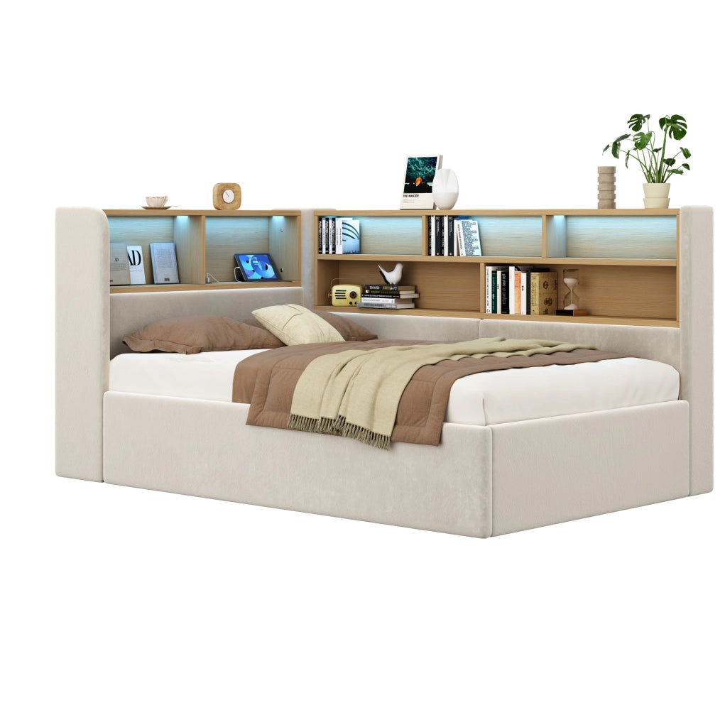Letto contenitore 90x200 cm in velluto beige, sollevamento idraulico, LED, USB e Type-C, senza materasso