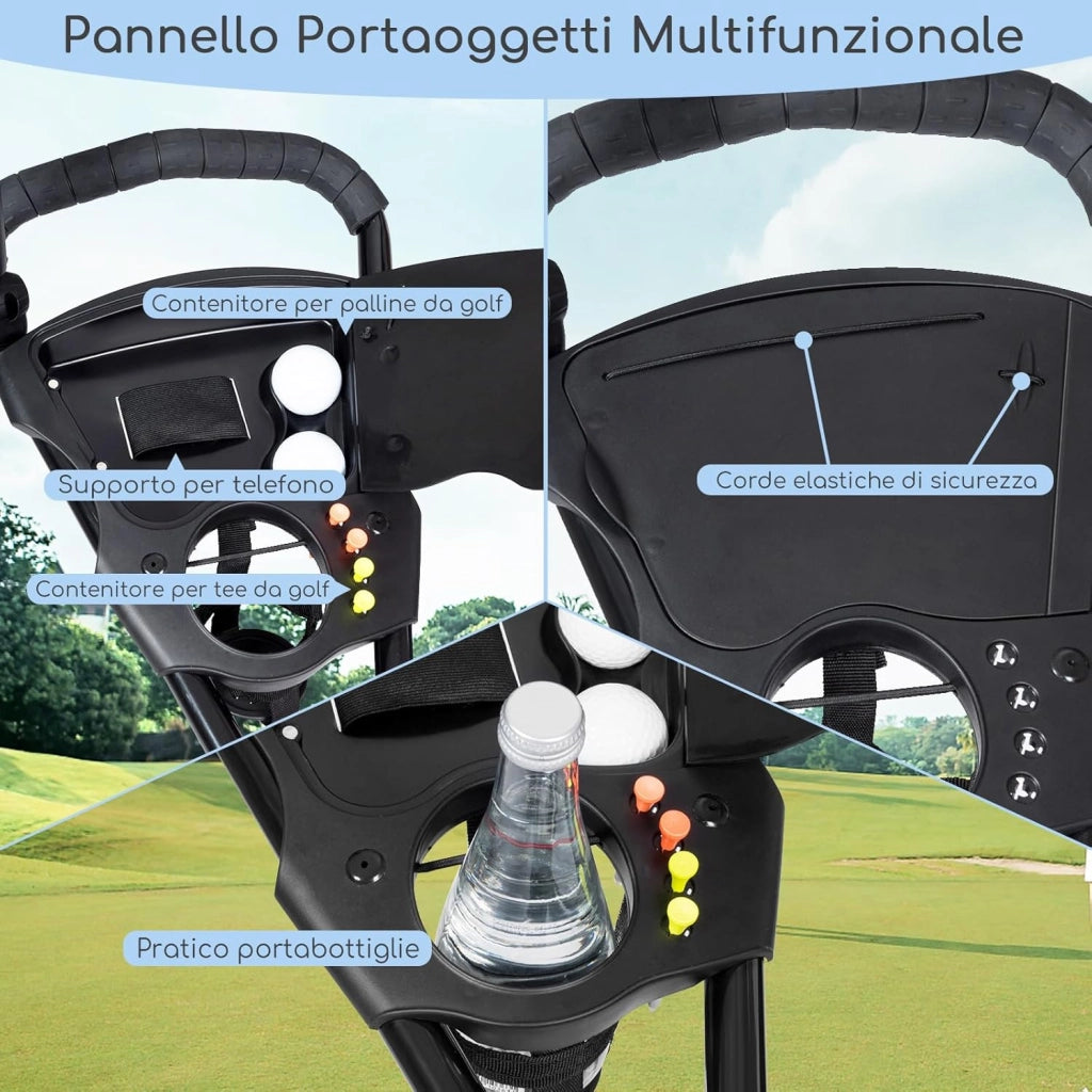 Carrello da Golf Pieghevole con 3 Ruote, Trolley da Golf con Portaombrelli e Porta Bicchiere, Golf Cart Apertura e Chiusura Facile, Nero