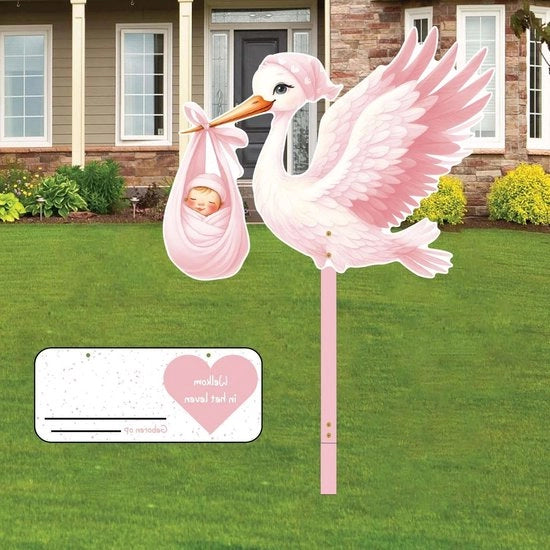 Set di Carte da Battesimo con Uccello Rosa - 83 cm - Con Stelo in Legno + Tabella di Nomi e Carta di Auguri