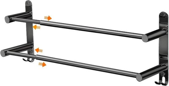 Sostegno per asciugamani retrattile in acciaio inossidabile nero, 2 braccioli 43-75 cm con ganci, installabile in due modi.