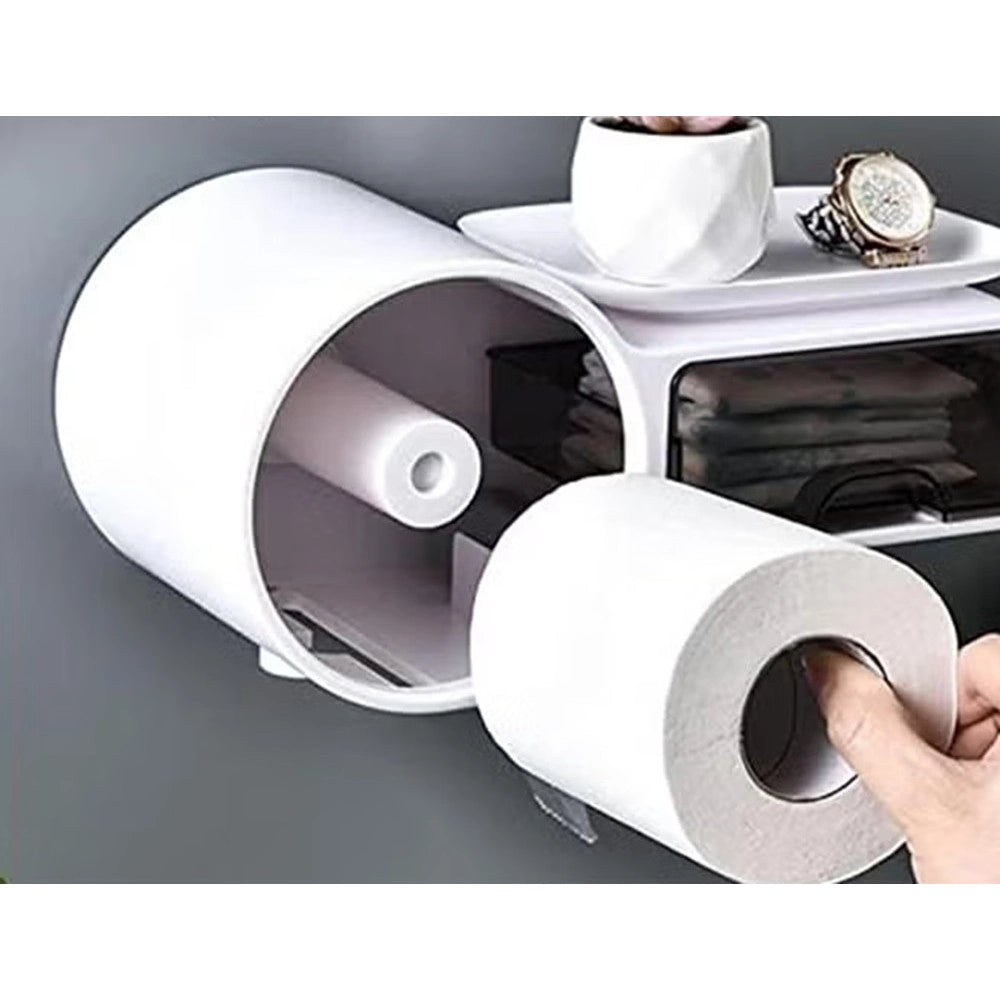 Trade Shop - Porta Carta Igienica Impermeabile Da Parete Autoadesivo Con Portaoggetti Mensola Per Bagno -