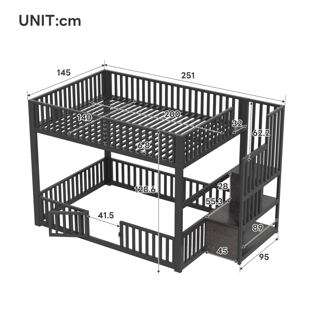 Letto a castello basso 140x200 cm con scala contenitore e LED; nero