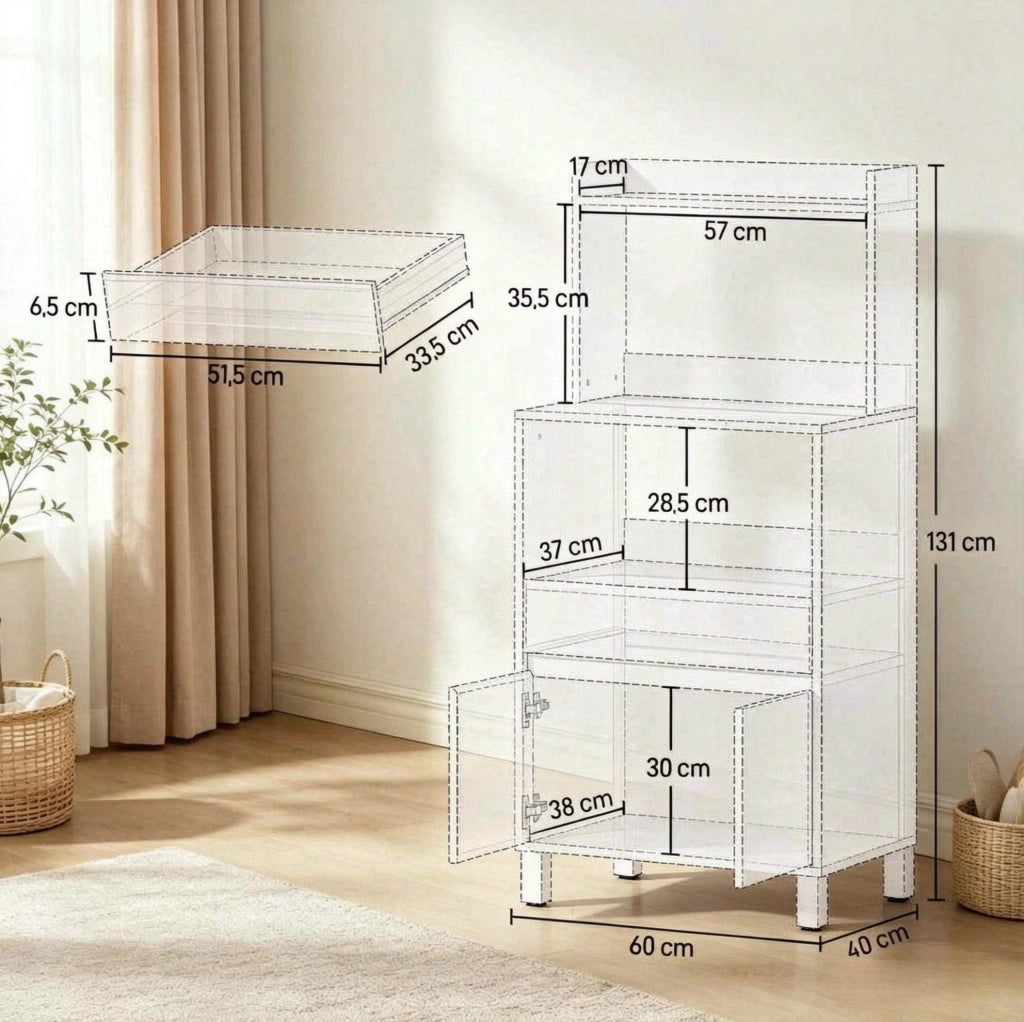 Mobiletto per Microonde con Ripiani e Cassetto, Bianco o Rovere, 60x40x131 cm
