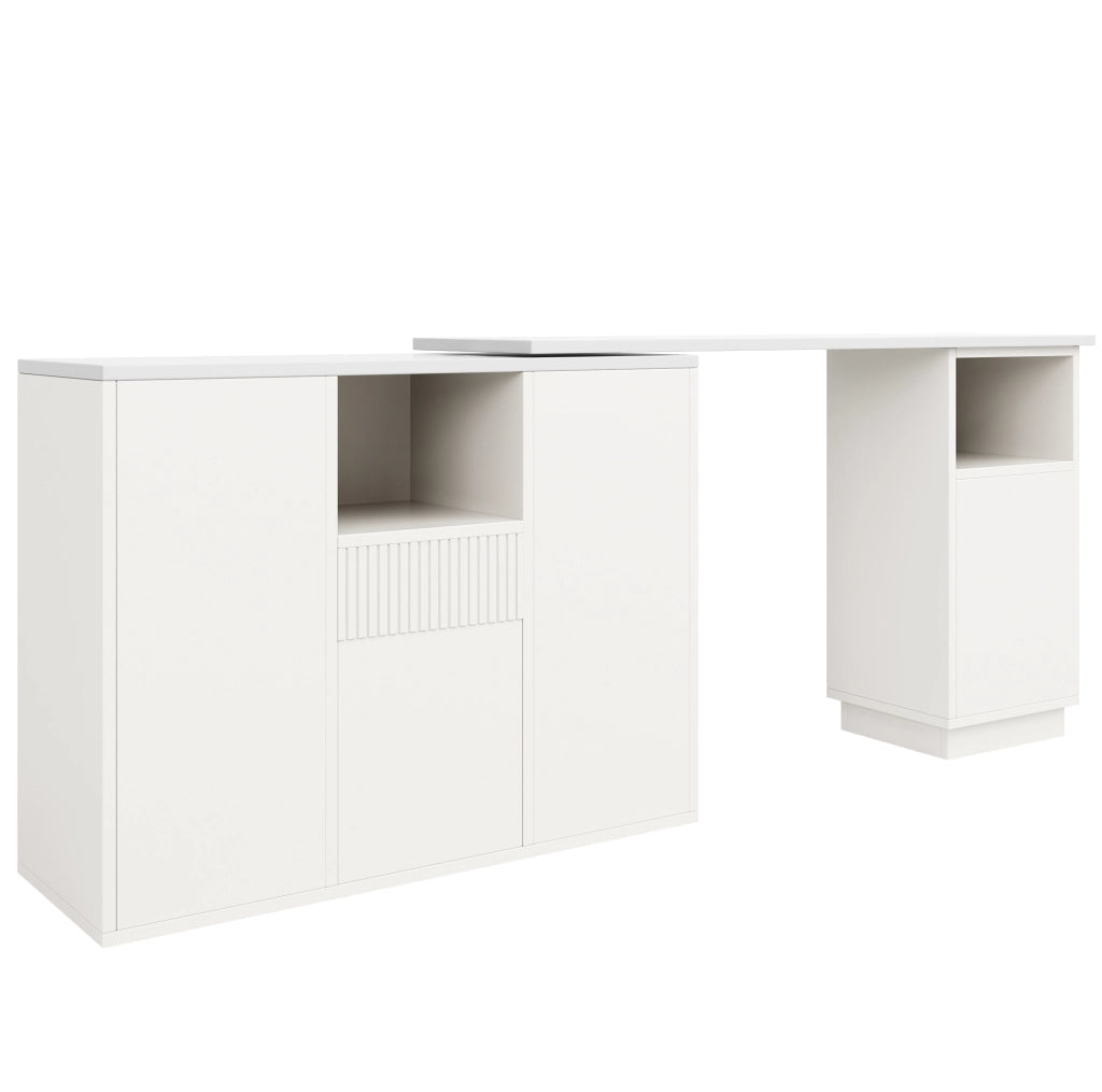 Bancone bar girevole 210x30x100.9 cm con design rotante e piano effetto marmo in MDF bianco