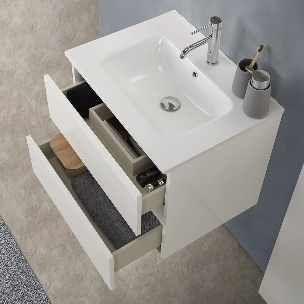 Mobile bagno sospeso 60cm in legno bianco lucido 2 cassettoni con lavabo e specchio Leda