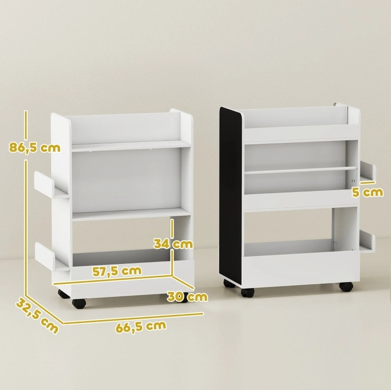 Scaffale libri bambini con lavagna e ruote, bianco