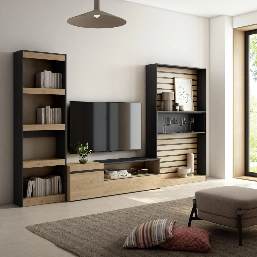 Mobile TV, Soggiorno, 320x35x186cm, Set di mobili, colore Rovere e nero RF2591