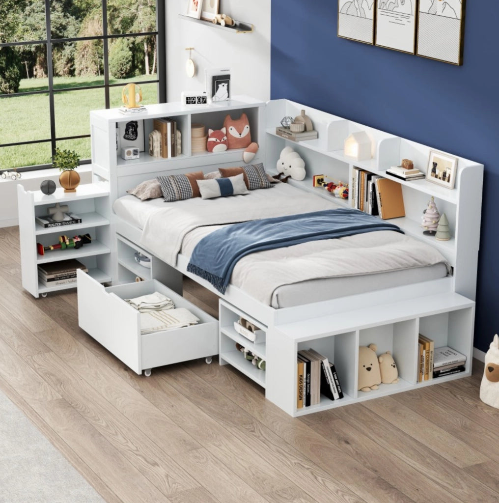 Letto per bambini 90 x 200 cm con cassetti, libreria e armadi bianchi