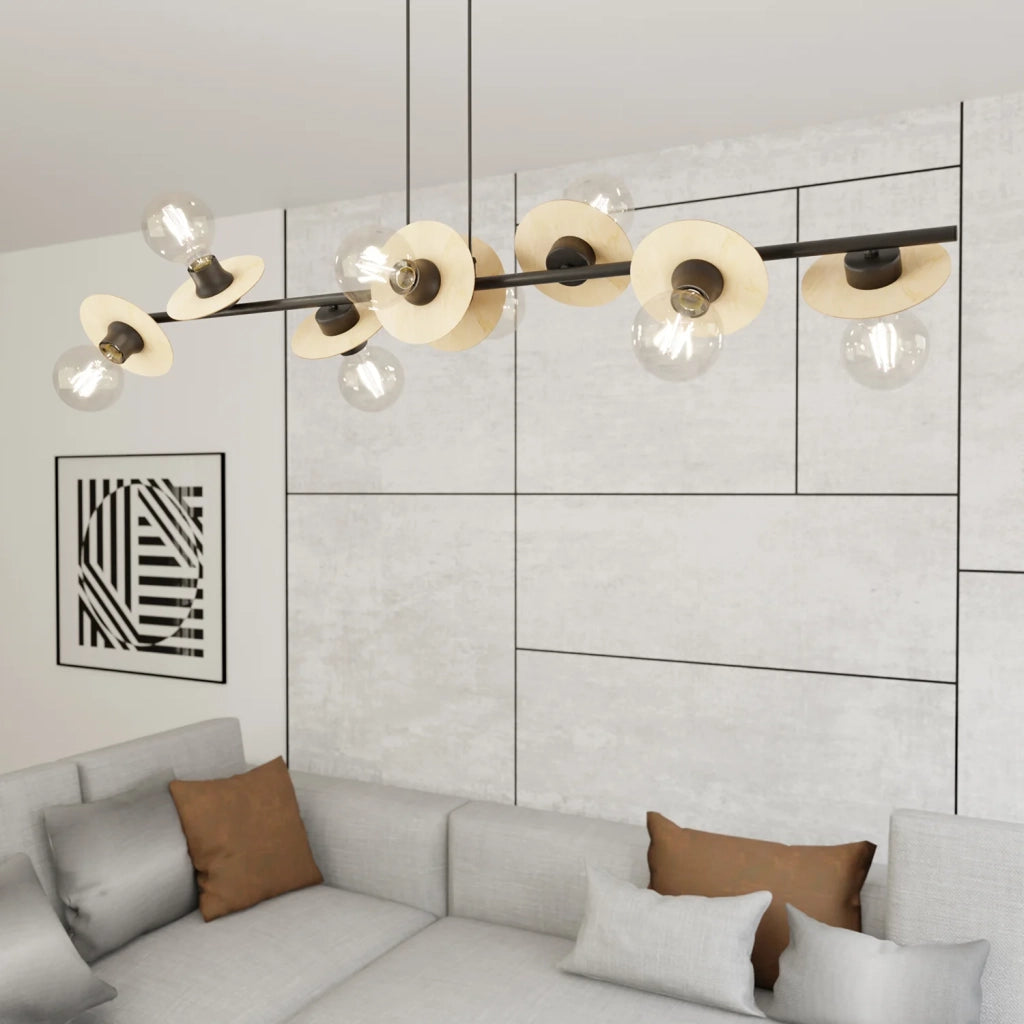 Lampadario 8 Luci Eos In Acciaio Nero E Legno Con Barra E Diffusori A Piatti