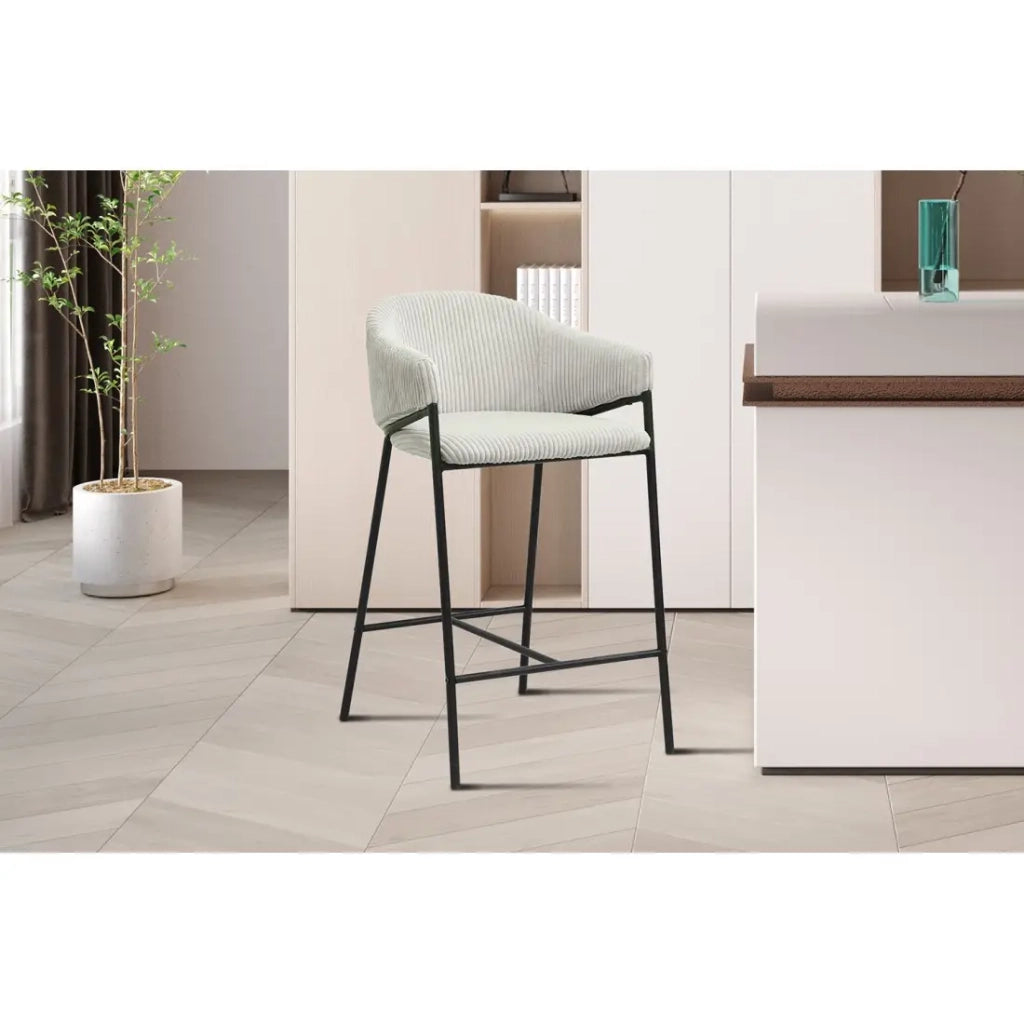 Sedia da bancone IMANY – Velluto a coste grigio chiaro – Con braccioli – Piedi in metallo nero – Stile design/industriale