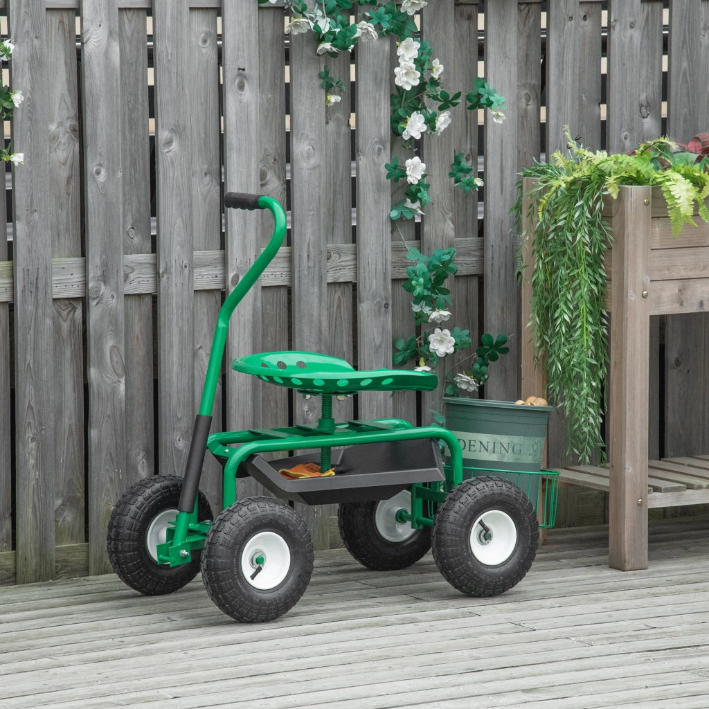 Carrello da giardino con seduta girevole, vassoio portaoggetti, altezza regolabile, portata 150 kg, verde