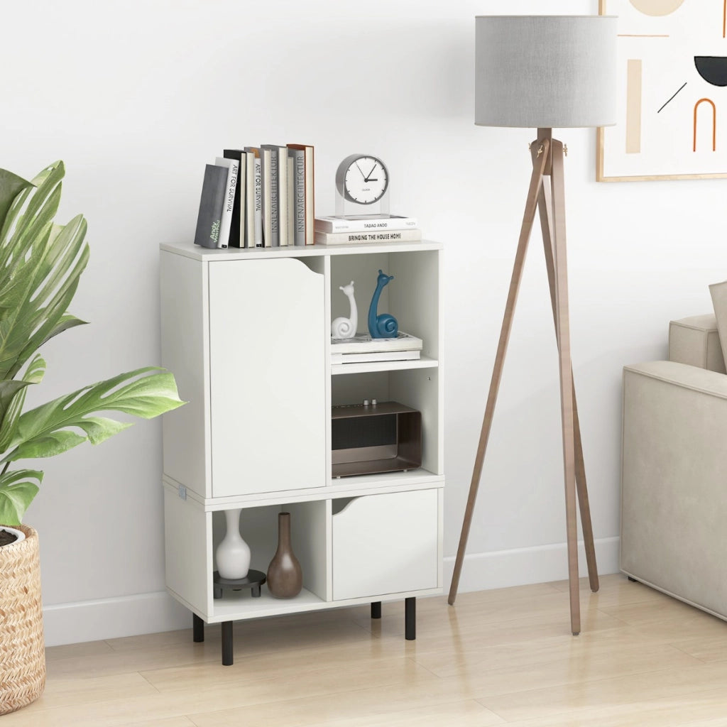 Libreria impilabile con ripiano regolabile e cubi, Libreria da pavimento espositiva con gambe metalliche Bianco-Librerie