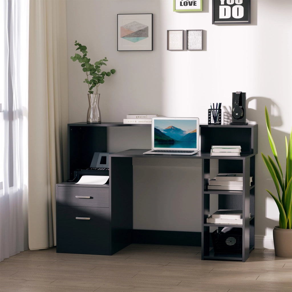 Scrivania computer con 2 cassetti e scaffale ¨C zephmum ¨C nero 137x55x92 cm