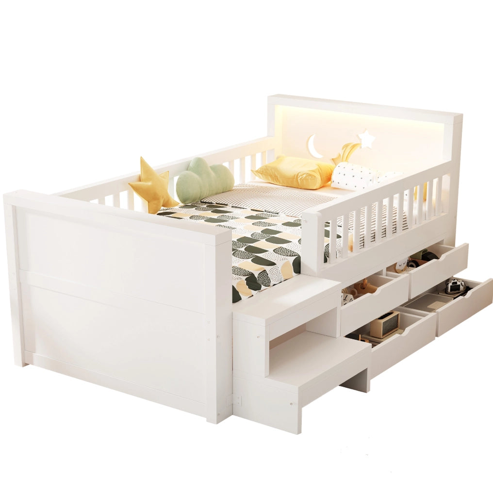 Letto bambini 90x200 cm in legno bianco con sponde; cassetti; scala e LED