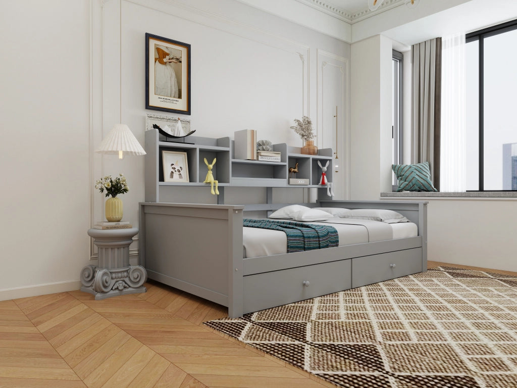 Divano letto con 2 cassetti e vani portaoggetti in legno massiccio per cameretta e ragazzi, grigio 90 × 200 cm