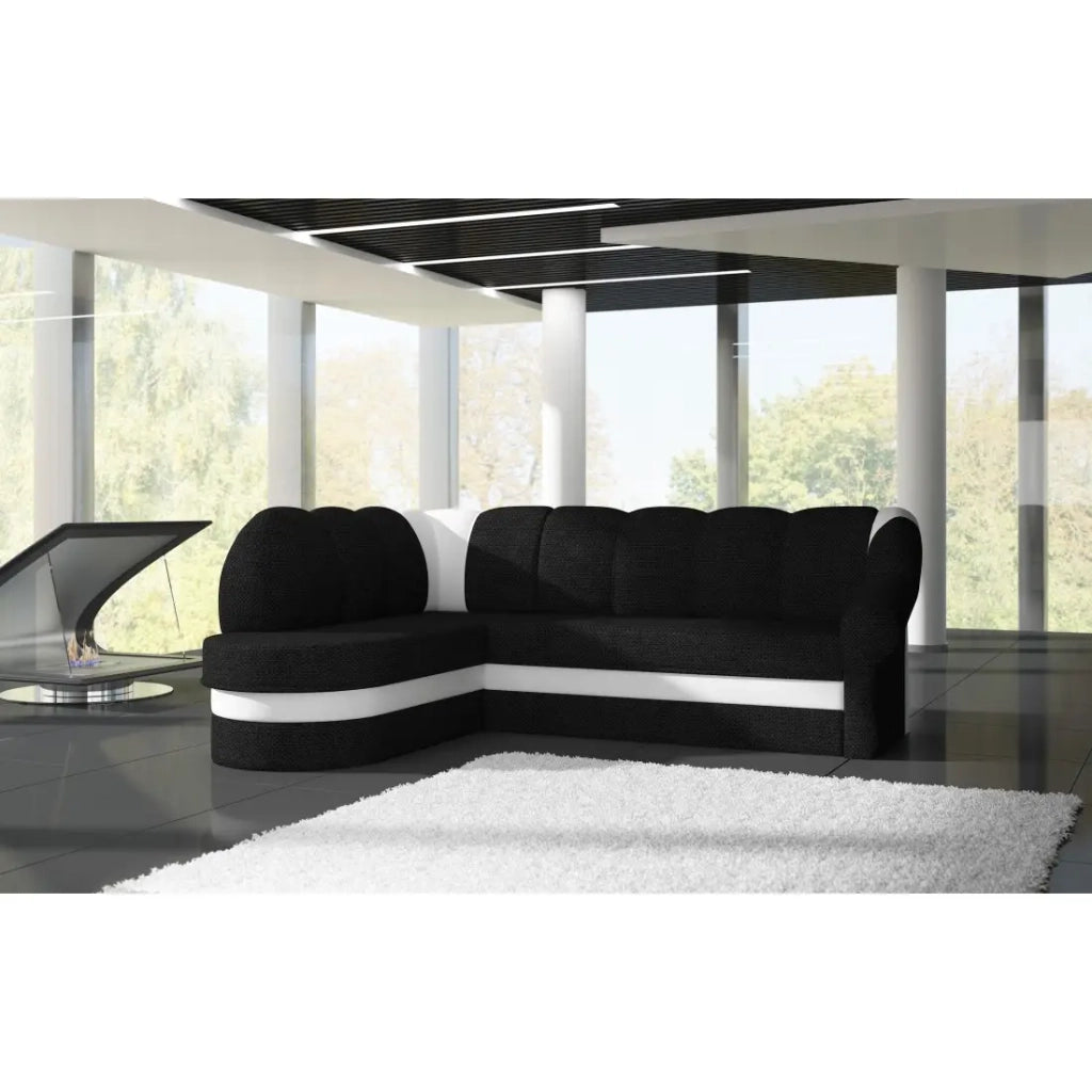Divano angolare sinistro convertibile BENANA 250 cm nero e bianco con contenitore