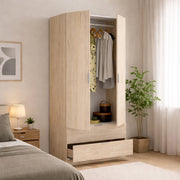 Guardaroba Anya, Mobile appendiabiti per camera da letto, Armadio a 2 ante battenti e 2 cassetti, 81x52h184 cm, Rovere