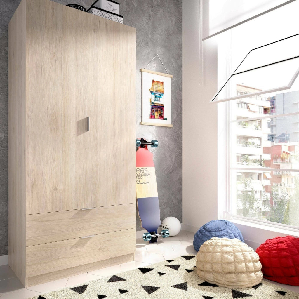 Guardaroba Anya, Mobile appendiabiti per camera da letto, Armadio a 2 ante battenti e 2 cassetti, 81x52h184 cm, Rovere