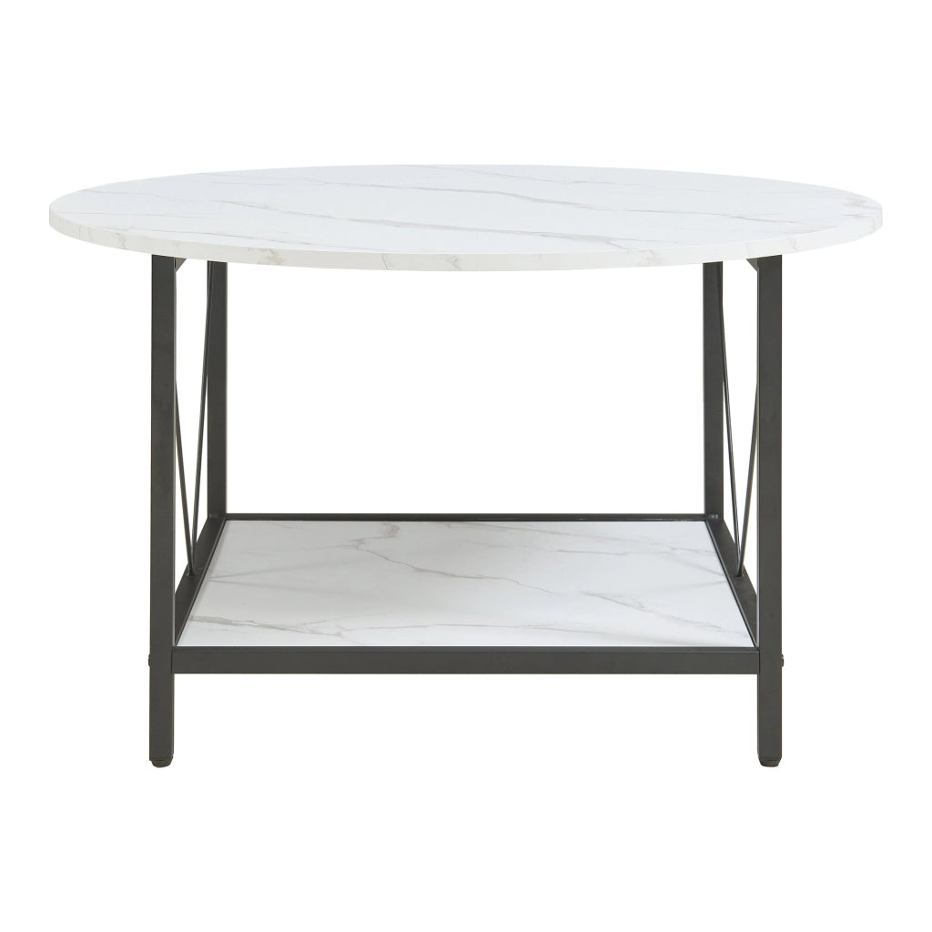 Tavolino da Caffè Filem con Piano Rotondo e Ripiano ØxA: 80 x 46 cm - Effetto Marmo Bianco [en.casa]