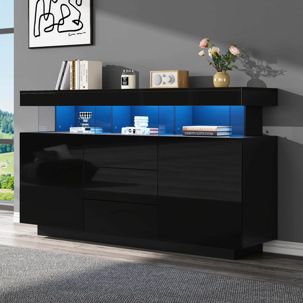 Madia con 3 cassetti; 2 ante e LED - per soggiorno - 140 x 35 x 80 cm - nera