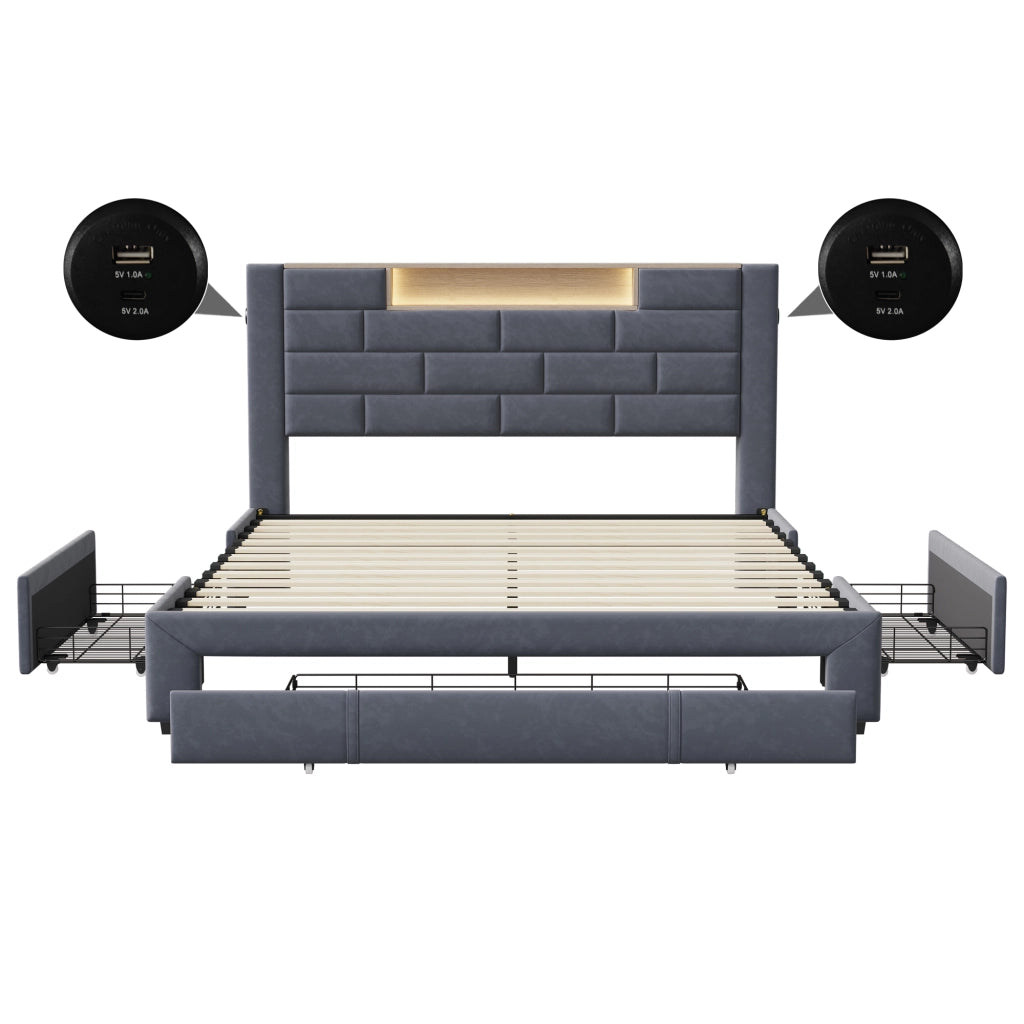 Letto matrimoniale 160x200 cm velluto grigio, testiera con vano portaoggetti, porte USB, luci RGB‑LED controllabili da app e telecomando, 3 cassetti contenitore