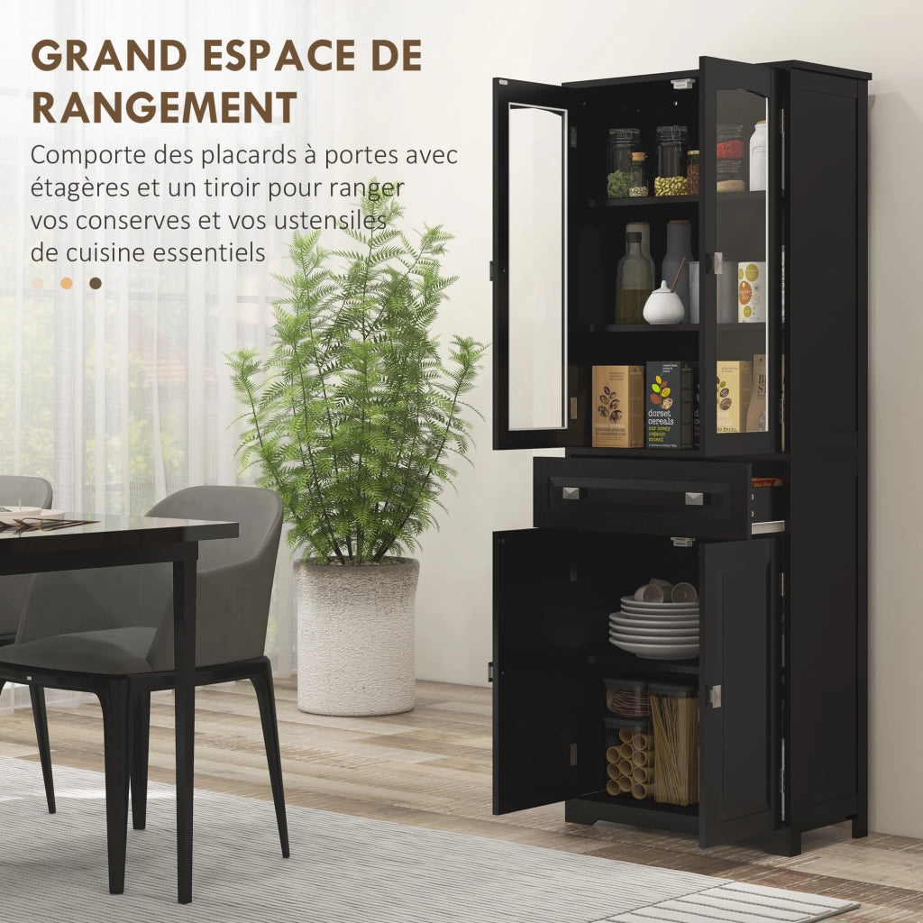 Armadio da Cucina 4 Ante con 2 Ante Vetrate e Cassetto ¨C Zephmum ¨C Nero 160x60x40 cm