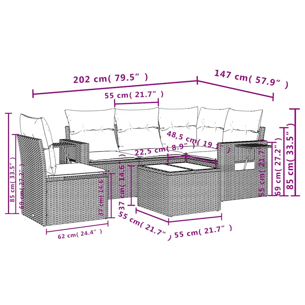 Set Divano da Giardino 6 pz con Cuscini Marrone in Polyrattan