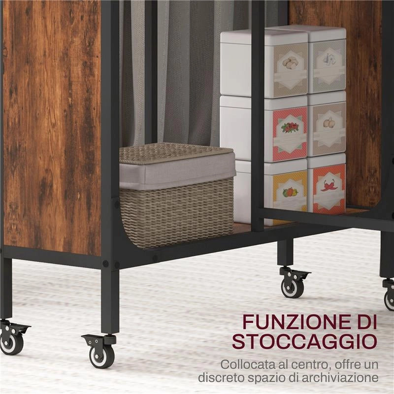 TAVOLO PIEGHEVOLE CON 6 RUOTE E MENSOLA STILE INDUSTRIALE IN LEGNO E METALLO, MARRONE RUSTICO
