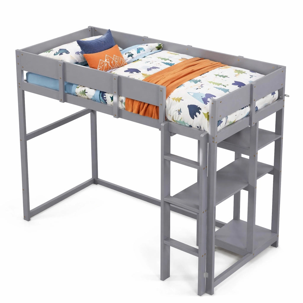 Letto a soppalco singolo 90×200 cm con ripiano e sponde per camera; senza materasso; legno; grigio