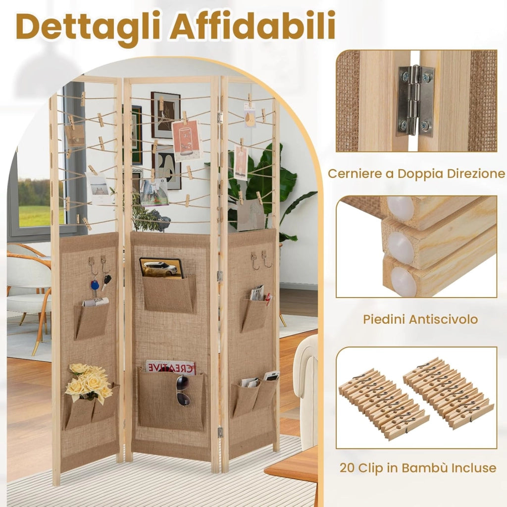 Paravento a 3 Pannelli, Separé Divisorio Pieghevole con 8 Tasche, 4 Ganci, Corde di Iuta per Appendere e 20 Clip in Bambù, Separatore di Spazio in Legno Boho per Casa e Negozi