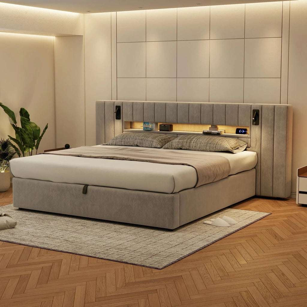 Letto imbottito 180 x 200 cm con USB, LED, lampada da comodino e contenitore, in velluto grigio