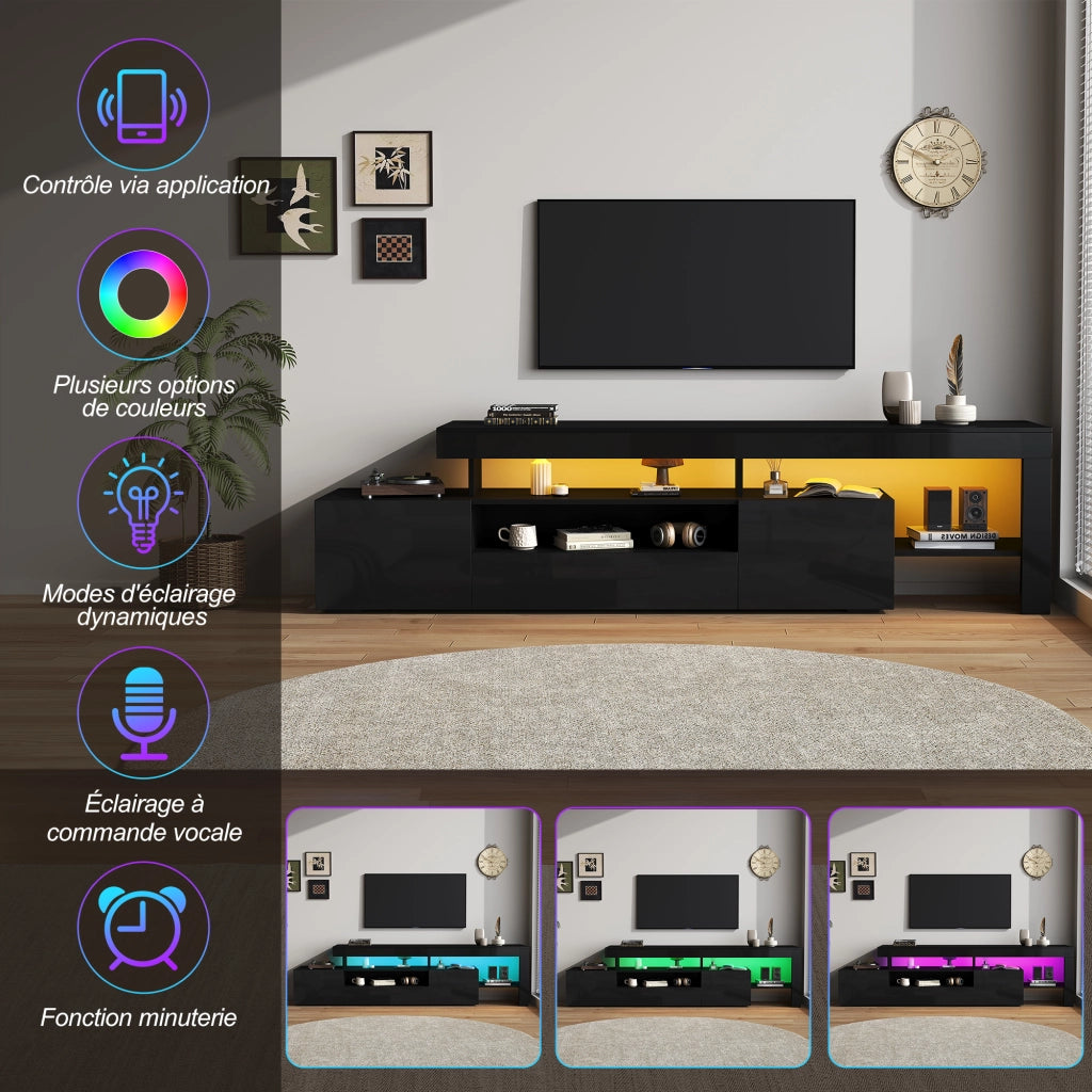 Mobile TV con 3 ante a ribalta; ripiani aperti e LED; per soggiorno; in truciolare nero; 192 × 37 × 53 cm