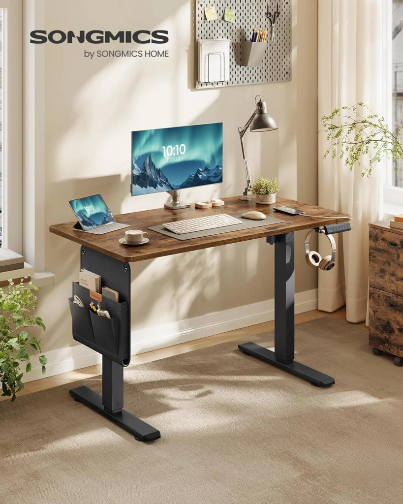 SONGMICS Scrivania Regolabile in Altezza Elettrica, 100 x 60 cm, Scrivania Elettrica, Tavolo con Memoria per 4 Altezze, Porta USB-C, Marrone Vintage LSD130KD01