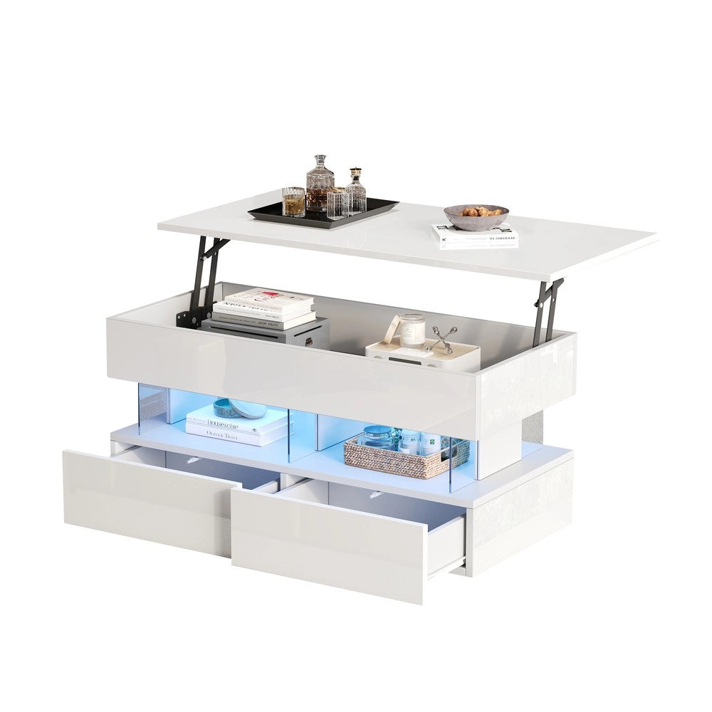 Tavolino da Caff¨¨ Sollevabile con LED e Cassetti ¨C MINIMAL ¨C Bianco MDF Lucido 100x50x46