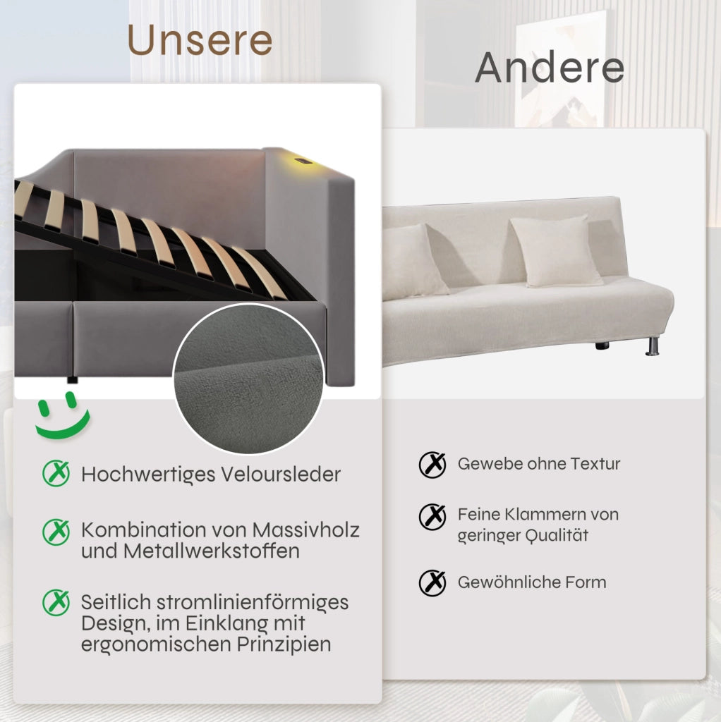 Letto daybed in velluto grigio 90x190 cm con contenitore idraulico; luce da lettura e USB-C